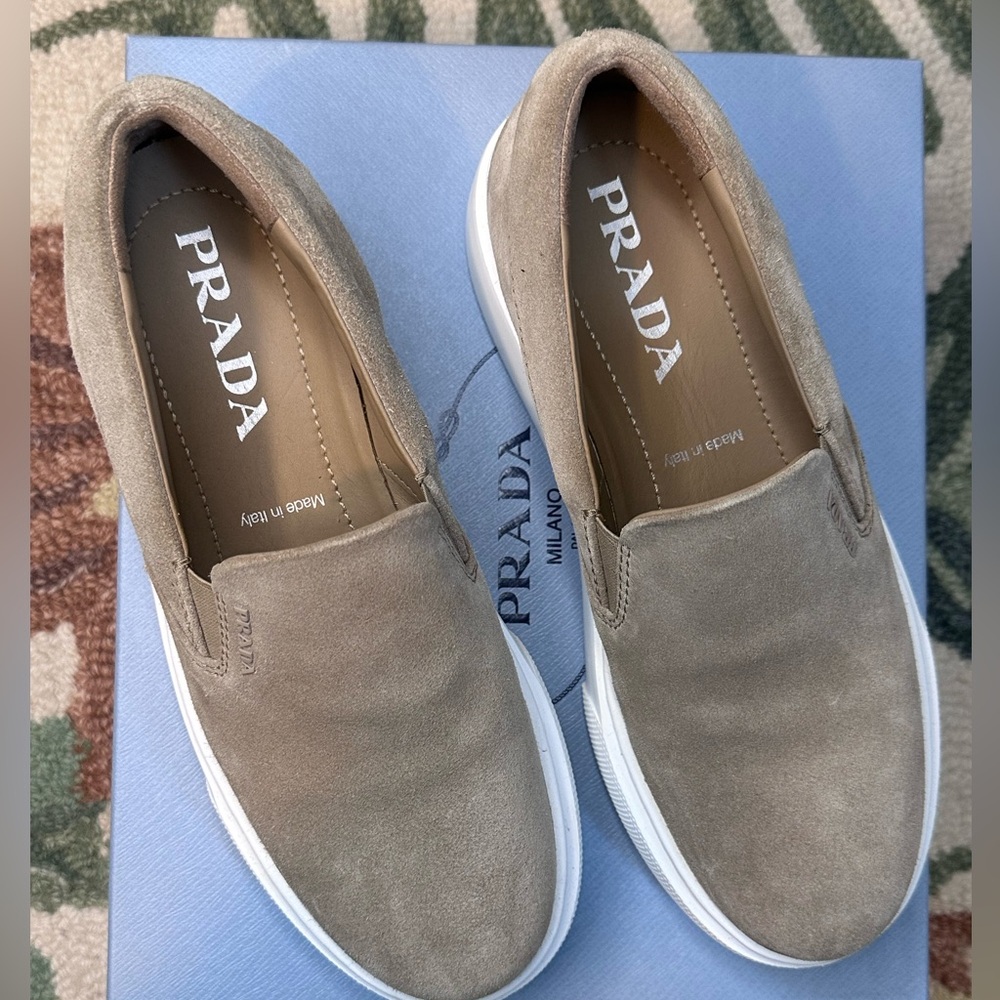 Prada Taupe Suede Slip-On Sneakers